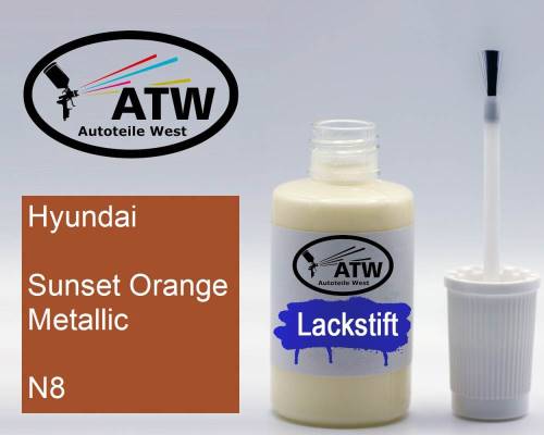 Hyundai, Sunset Orange Metallic, N8: 20ml Lackstift, von ATW Autoteile West.